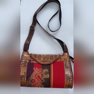 Artisan Handmade Leather Crossbody Bag Peruvian Folk Art Brown & Red Andean